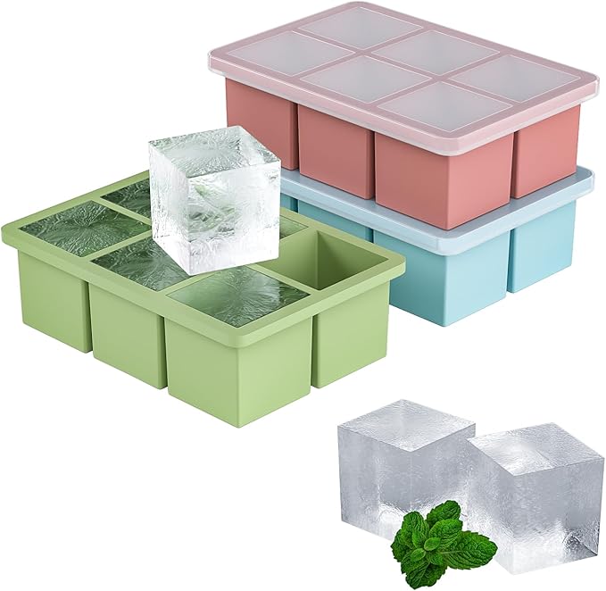 Large Ice Cube Tray for Whiskey 3 Pack, HANCELANT Big Silicone Square Ice Cube Mold with Removable Lid, 2'' Huge Square Ice Cubed Tray for Whisky and Cocktail(Blue+Green+Pink)