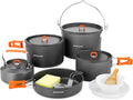 Odoland 18pcs Camping Cookware Large Size Hanging Pot Pan Kettle Set with Plastic Plates Bowls Soup Spoon for Camping, Backpacking, Outdoor Cooking and Picnic