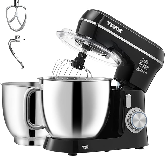 VEVOR Stand Mixer, 5.3QT + 4.4QT Two Stainless Steel Bowls, 10+P Speeds Tilt-head Food Mixer, Kitchen Mixer with Dough Hook, Wire Whip, Beater, Scraper, Household Stand Mixer for Baking Mixing, Black