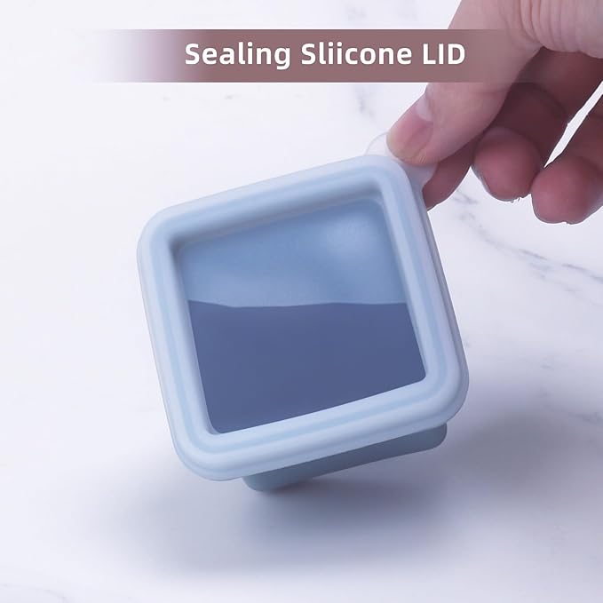 1/2 Cup Silicone Freezer Tray With Lid - Silicone Freezer Molds 4-Pack For meal prep & freezing of various sauces and other dishes, makes 4 perfect 1/2 cup portions cubes (Blue 4 Pack)