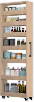 7-Tier Slim Storage Cart, Wooden Rolling Pantry Cabinet with Wheels, Narrow Shelf Organizer for Kitchen, Bakers Rack, Dining Room, Closet, Small Spaces Light Walnut 47.2" H*7.8" W*23.6" D