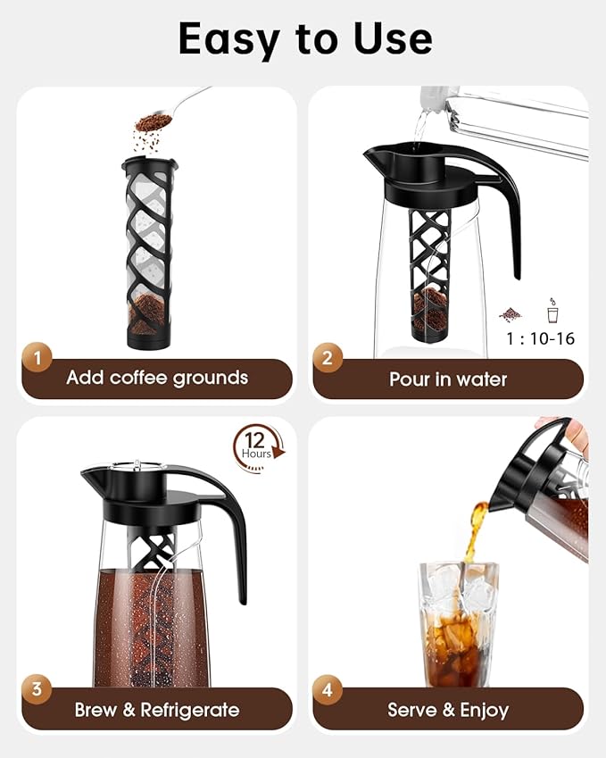 Cold Brew Coffee Maker, 70 oz (2100 ml) BPA Free Tritan Pitcher, Iced Coffee Maker and Tea Brewer, 100% Leak-Proof, Easy to Clean Reusable Mesh Filter, Black (2 Pack)