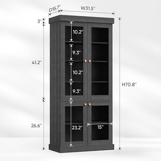 70.8" Tall Black Bookshelf with Glass Doors, Farmhouse Modular Bookcase with 6-Tier Adjustable Shelves, Large Storage Cabinet for Home Office, Living Room, Set of 4