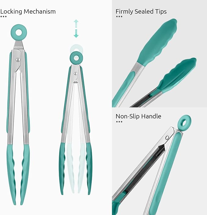 Heat Resistant Silicone Kitchen Tong: U-Taste 9 inch 480ºF Hot Proof Cooking Tong with Firm Sealed Non Stick Rubber Tips & Silicon Coated Steel Handle & Smooth Locking for Serving Grill Salad-Aqua Sky
