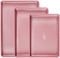 Nonstick Baking Sheet Pan Set of 3, Heavy Duty Cookie Sheets for Oven, 0.6mm Thick Quarter Size & Half Size & Jelly Roll Pan, Rustproof & Easy Clean with Textured Surface(Pink)