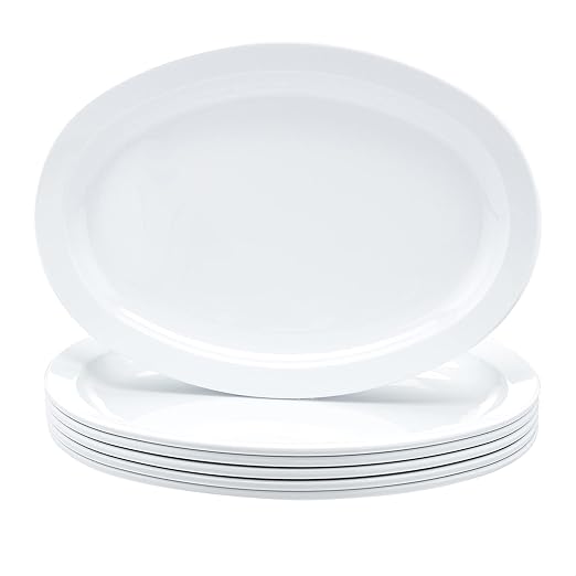Amazon Basics Melamine (Plastic )Oval Platter Narrow Rim, 6 Piece Set, 13 in x 9.75 in, White