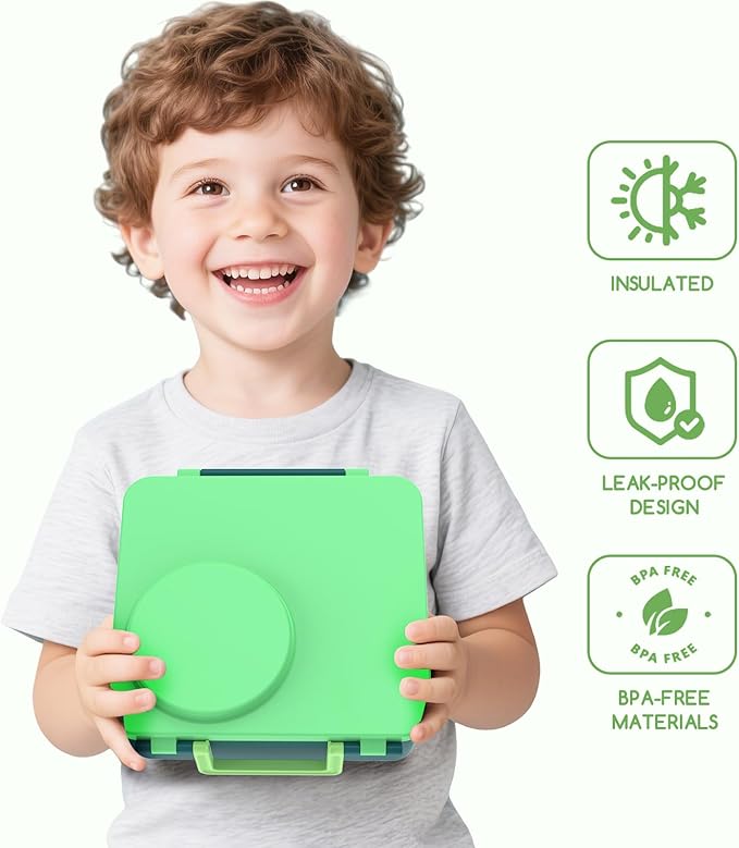 Bento Box for Kids - Leak-Proof Bento Lunch Box with Insulated Thermos Food Jar - 4 Compartments, 1 Removable Divider, 1Spoon, 1 Fork - Dishwasher Safe, BPA-Free (Green)