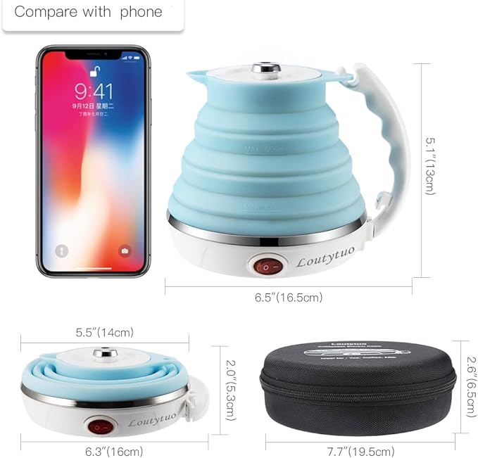 Ultrathin Upgraded Food Grade Silicone Travel Foldable Electric Kettle Boil Dry Protection Portable with Dual Voltage and Separable Power Cord,555ML 110-220V US Plug