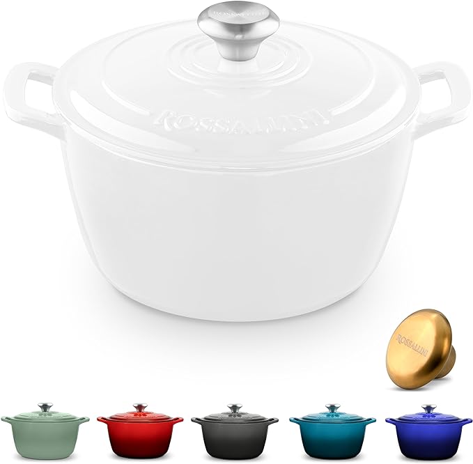 Signature Enameled Cast Iron Dutch Oven, Non-Stick Serving Pot with Tight Fitting Lid for Perfect Roasting, Baking, Sauteing, and Bread Making | 5.5Q (5.2L) - White