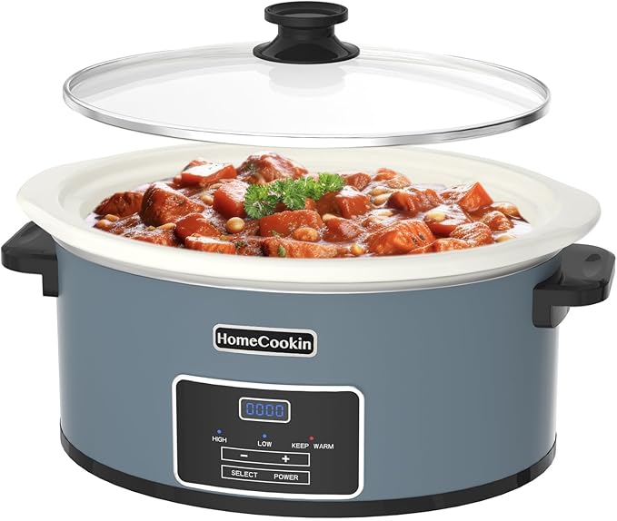 HOMECOOKIN 7-Quart Programmable Slow Cooker with Timer Keep Warm - Small Kitchen Appliance for Family Dinners - Serves 6+ People (Blue)