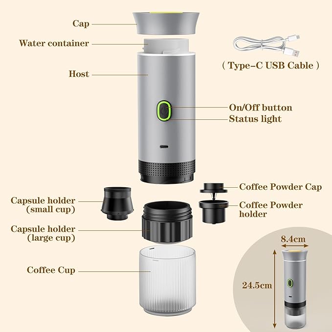 Portable Coffee Maker, Espresso Machine for camping, Travel Coffee Maker with USB-C, 3-in-1 Small Espresso Machine with Ground Coffee & Capsules (NS＆DG) for RV, Hiking, Office(Silver)