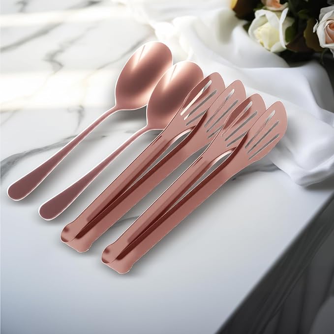 12PCS Stainless Steel Serving Utensils Sets,8 Large Serving Spoons,4 Serving Tongs,Rose Gold Serving Utensills Sets for Buffet Catering Banquet Party (Rose Gold)