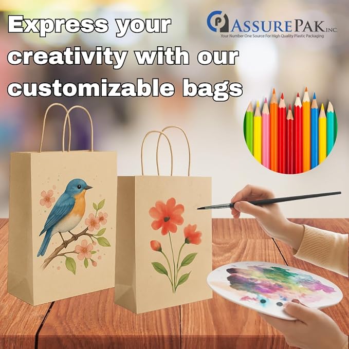 ASSUREPAK DIY Paper Bags - 200 units - Kraft Color - 18"x7"x18.5" - 74LB (110 GSM strong) - Twisted Handle Recyclable Bags for Kids Drawing, Decorating and Creative Projects - 18719NKPAPTHDL