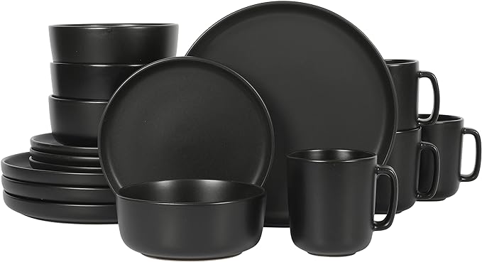Gibson Home Zuma Stoneware Plates, Bowls, & Mugs Dinnerware Set - Matte Black, Service for Four (16pcs)