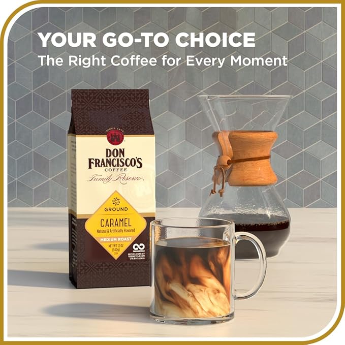 Don Francisco's Caramel Ground Coffee, Medium Roast – Flavored 100% Arabica, 12 oz Bag, Premium Coffee for Drip, Pour Over & French Press