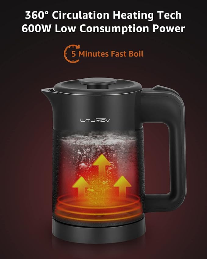 0.6L Small Electric Tea Kettle Lightweight, 20 Ounce Double Wall Hot Water Boiler Stainless Steel Auto Shut-off, 120V Portable Travel Electric Kettle Fast Boil for Tea and Coffee, Black