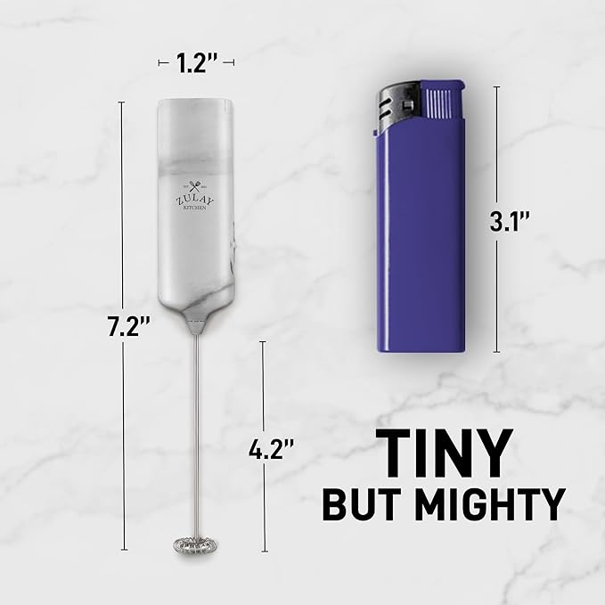Mini & Mighty Milk Frother Wand – Powerful Handheld Coffee Frother, Battery Operated Drink Mixer – Compact Pocket Size – Detachable Whisk for Latte, Cappuccino, Matcha, Hot Chocolate – White Marble