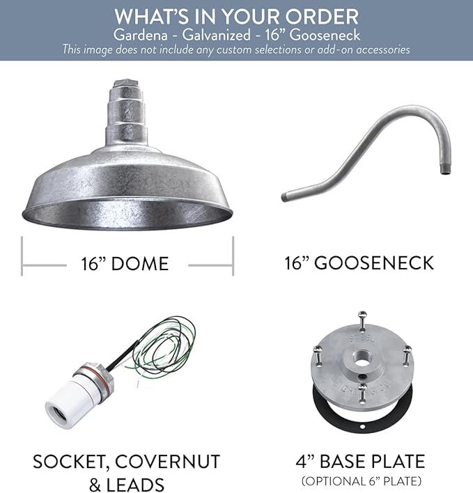Steel Lighting Co. Gardena Barn Light | Outdoor Wall Mounted | 16" Dome | 16" Gooseneck | Farmhouse Light Made in America | Galvanized Exterior/Galvanized Interior