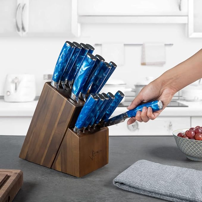 SENKEN 16-Piece Kitchen Knife Block Set - Japanese Chef's Knife Set with Laser Damascus Pattern, Includes 6 Steak Knives and Smoothly-Finished Acacia Hardwood Knife Block (Blue Resin Handles)