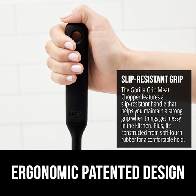 GORILLA GRIP Patented Heat Resistant Meat Chopper, Soft Handle, Nonstick Hamburger Smasher, Break Apart Food, Safe on All Cookware Ground Beef Grinder, Non Scratch Potato Masher Kitchen Tool, Black