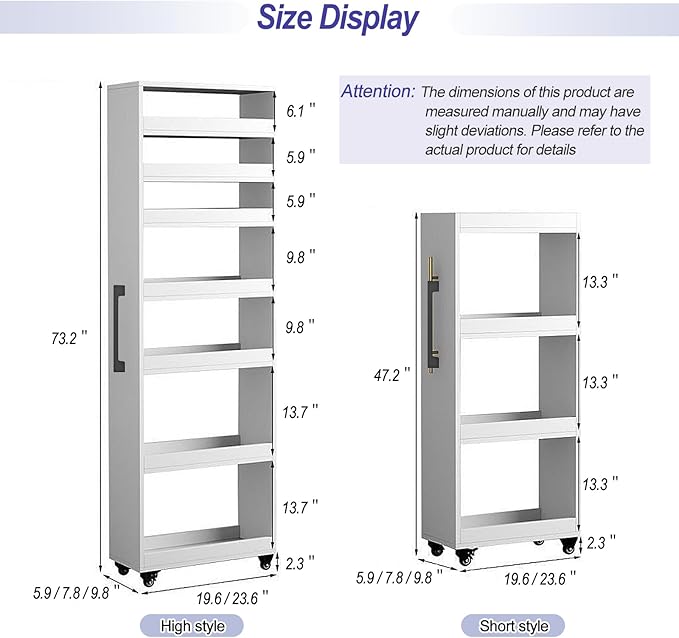7-Tier Slim Storage Cart, Wooden Rolling Pantry Cabinet with Wheels, Narrow Shelf Organizer for Kitchen, Bakers Rack, Dining Room, Closet, Small Spaces Warm White 47.2" H*7.8" W*23.6" D