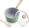 ROCKURWOK Ceramic Nonstick Sauce Pan with Lid, 1.5 Qt Small Pots for Cooking, Small Pot Wooden Handle for Cool Touch, Non Toxic & Pfas-Free Saucepan, Universal Base(Gas, Electric & Induction), Green