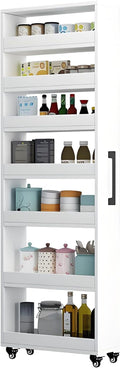 7-Tier Slim Storage Cart, Wooden Rolling Pantry Cabinet with Wheels, Narrow Shelf Organizer for Kitchen, Bakers Rack, Dining Room, Closet, Small Spaces Warm White 73.2" H*7.8" W*23.6" D