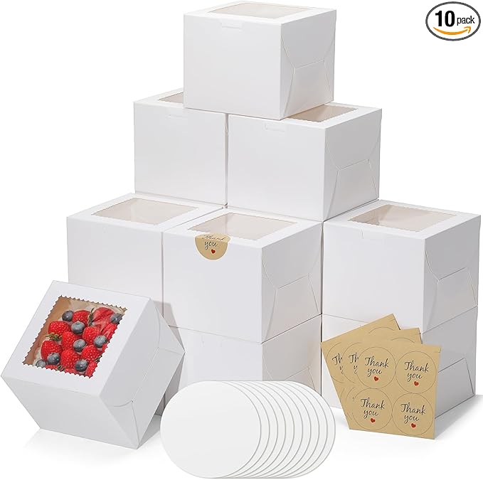 10pcs 6 Inch Cake Boxes with Sticks and Boards for Cookies, Small Cakes, Mini Desserts, Bento, and Bakery, Cupcake Box for Birthday, Party, Wedding, Mother's Day, Christmas（6x6x5 inch）
