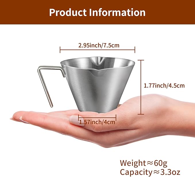 3Pcs Stainless Steel Espresso Cups, Double Spout Metal Espresso Measuring Cup with Handle, Dual Scale Espresso Pouring Cup with V-Shaped Mouth, 3.4oz/100ml (Silver)