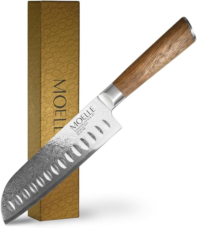 MOELLE Premium Teak Wood Damascus Santoku Knife 7” Blade - VG10 Japanese Damascus Steel 67 Layers, 60+ HRC - Danish Design Kitchen Knife with Elegant Gift Packaging