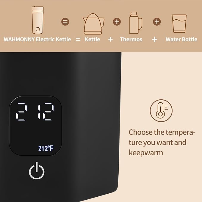 550ml Travel Kettle,110V-240V Dual Voltage Portable Electric Kettle 6-Temperature Control,304 Stainless Steel Small Mini Tea Coffee Kettle,400W Fast Water Boiler with Auto Shut-Off, Black