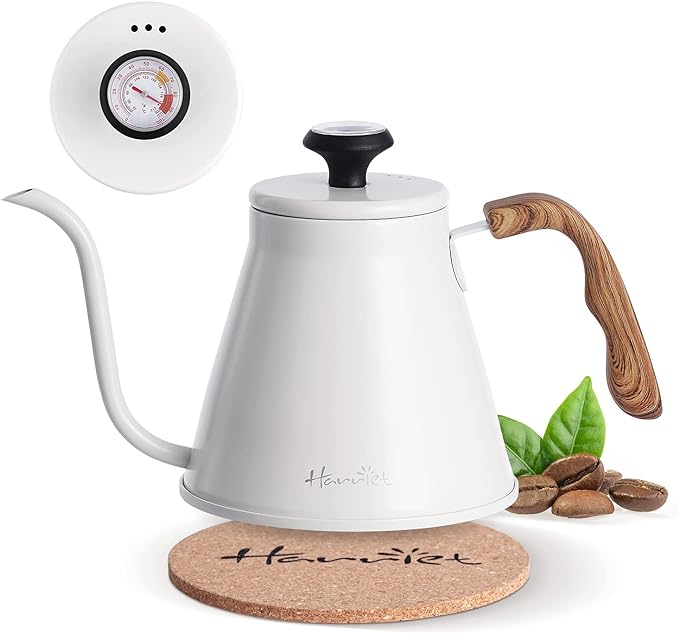 Harriet Gooseneck Kettle with Thermometer for Pour Over Coffee and Tea, 37 fl oz, Stainless Steel, Durable 3-Layer Base, Ideal Spout for Precision Pouring, Compatible with all Stove Tops, White