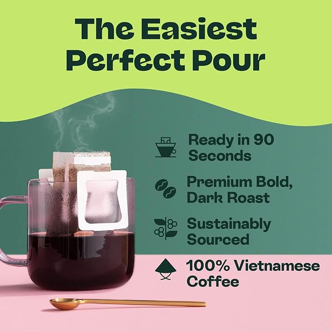 Copper Cow Coffee Premium Pour Over Single-Serve Vietnamese Coffee Pouches (24 pack) | Classic Black | Dark Roast | Convenient Vietnamese Ground Coffee Packets, Travel Friendly