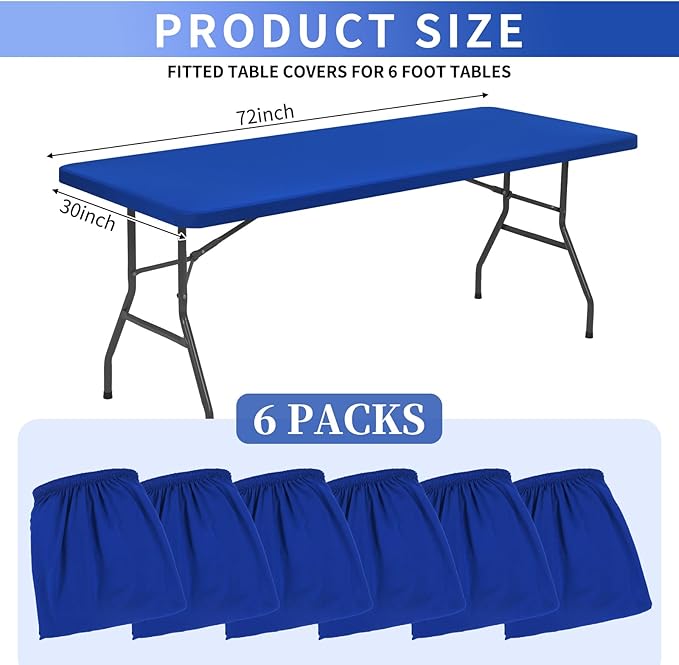 6 Pack Stretch Fabric Table Top Cap Cover, fits 6' Tables, Spandex Table Covers Washable Elastic Rectangle Tablecloth Protector for Indoor Outdoor Party Picnic Wedding, Royal Blue, 30" W x 72" L