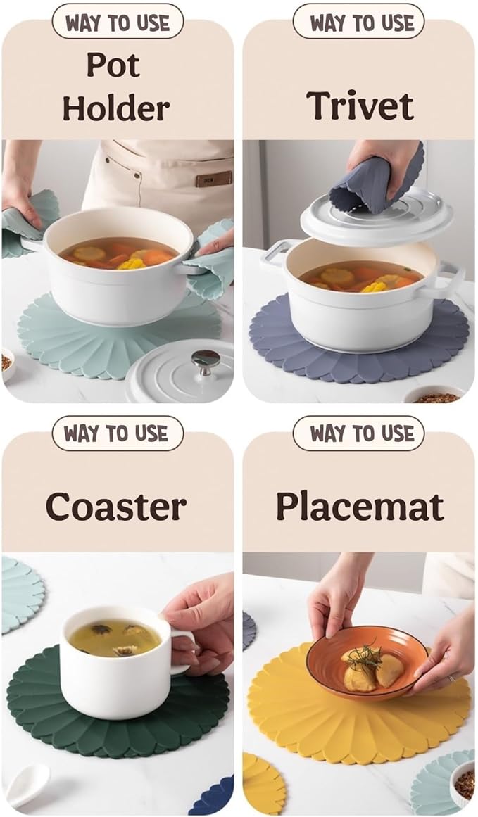 Heat-Resistant Silicone Trivet Mats, Non-Slip Hot Plate Holder for Kitchen Countertops & Dining Table, Reusable Pot Holder Pad with Secure Grip, Dishwasher Safe (Purple, Diameter: 30cm/11.81")