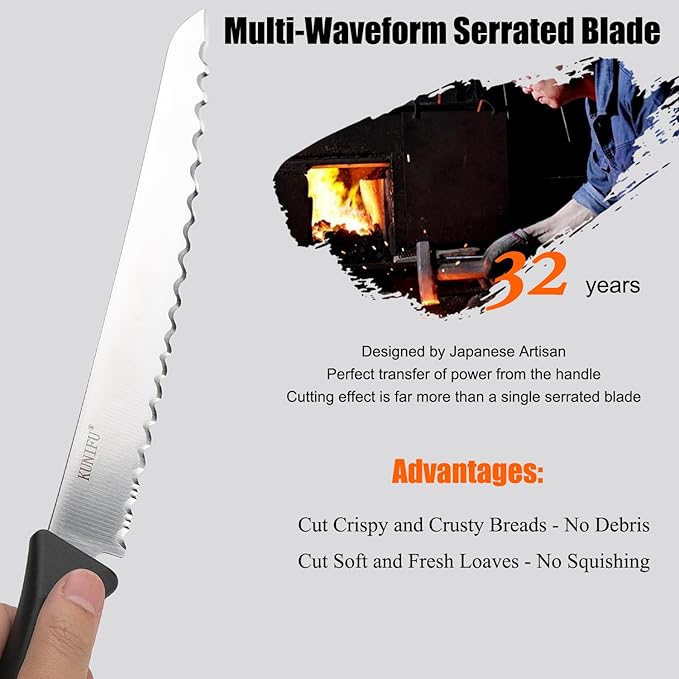 KUNIFU Bread Knife, 9.0 Inch Serrated Knife For Homemade Bread, Bread Slicer For Sourdough Cake Bagels