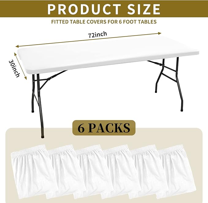 6 Pack Stretch Fabric Table Top Cap Cover, fits 6' Tables, Spandex Table Covers Washable Elastic Universal Rectangle Tablecloth Protector for Indoor Outdoor Party Picnic Wedding, White, 30" W x 72" L
