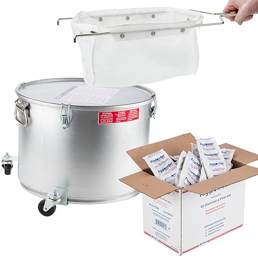 MirOil Filter Pot Combo, Oil Pot & Oil Filter Bag, 7 Gallon Deep Fryer Grease Disposal Caddy w/Castor Wheel & Reusable B6PS Strainer Bag for Filtering, Safe Storage, Extends Life & Polish Fryer Grease