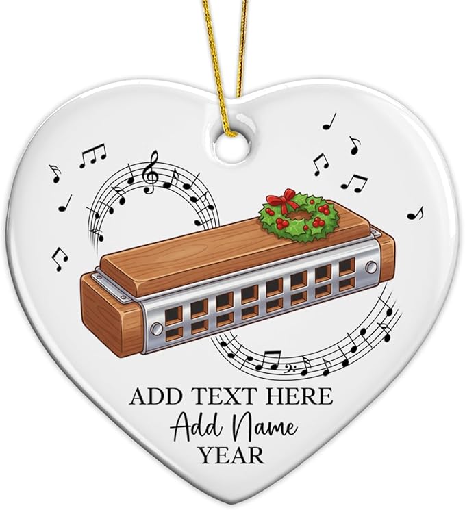Personalized Harmonica Christmas Ceramic Ornaments, Harmonica Musical Instrument Xmas Tree Ornament 2025, Custom Music Lover Christmas Ornament with Text Name & Year, Gift for Music Teacher