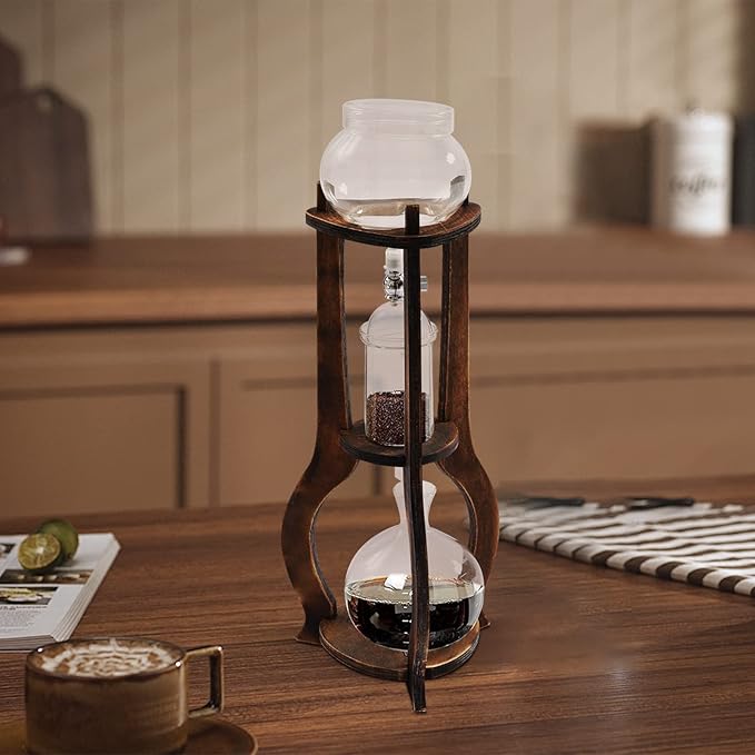 Cold Brew Coffee Maker, 600 ml/20.29 oz Iced Coffee Tower Dripper Coffee Maker & Tea Maker 6-8 Cups, High Borosilicate Glass, Wood, 304 Stainless Steel, Copper - for Home Office (Brown)