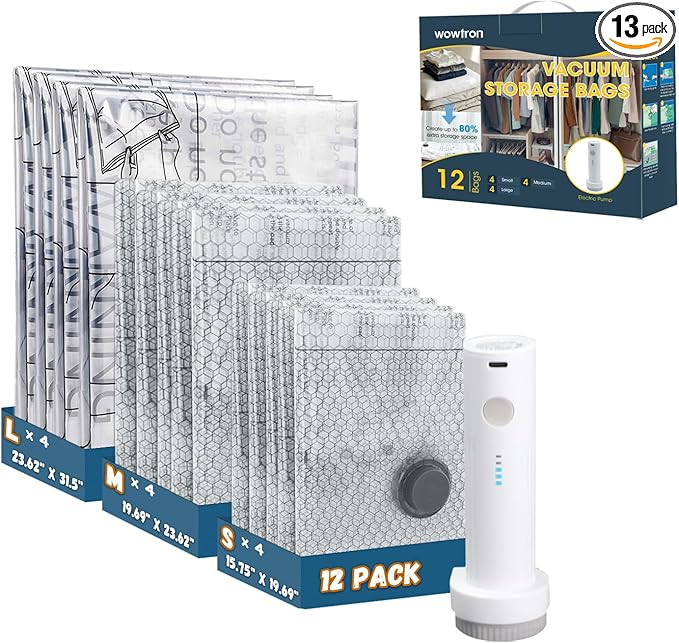 Vacuum Bags for Travel with Rechargeable Electric Pump, 12 PCS (4S,4M,4L) Storage Bags Vacuum Sealed, Space Saver Bags Carry-on Size Compression Packing Bags for Luggage and Suitcase