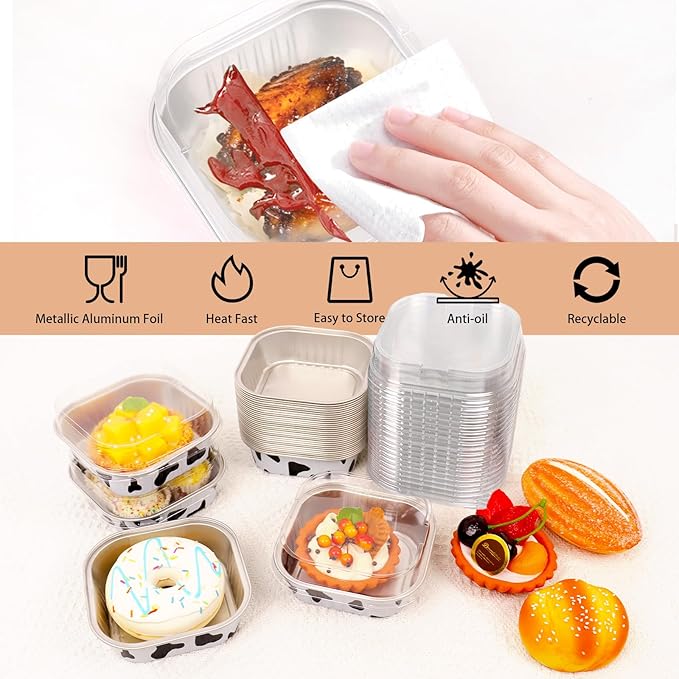FORBFAN 150 Pcs Mini Square Baking Cups with Lids, 8 oz Mini Aluminum Cake Pans, Small Baking Tins Cow Print