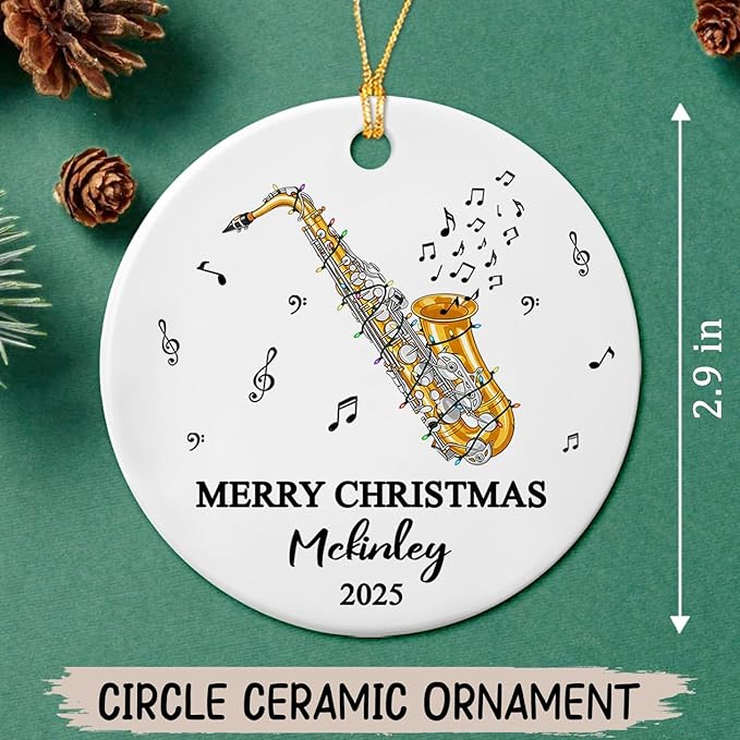 Customized Year Text Name Alto Saxophone Player Ceramic Ornament, Personalized Alto Saxophone Instrument Xmas Ornaments Gift for Women Men Friends Husband Wife, Unique Musical Lover Ceramic Ornament