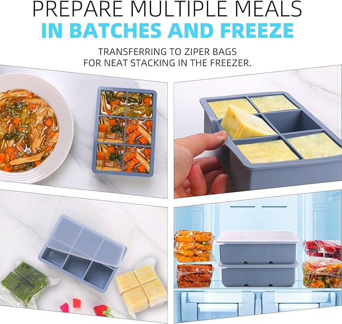 1/2 Cup Silicone Freezer Tray With Lid - Silicone Freezer Molds 4-Pack For meal prep & freezing of various sauces and other dishes, makes 24 perfect 1/2 cup portions cubes (Blue 4 Pack)