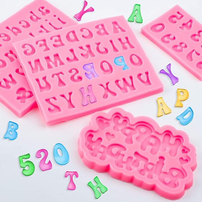4 Pcs Silicone Letter Molds, Reusable Digital Letter Gummy Chocolate Silicone Mold for Making Candy, Cake, Birthday Party Decorations