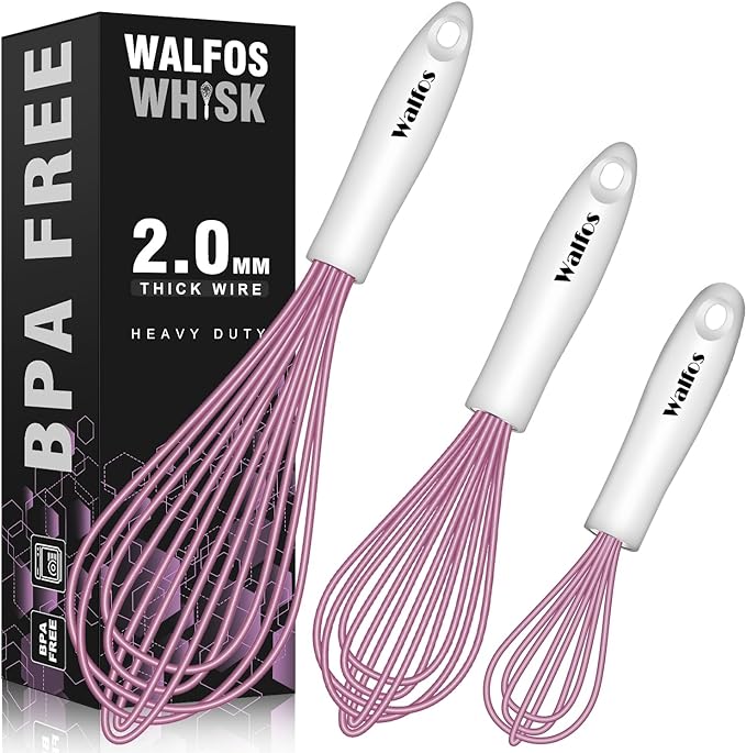 Walfos Whisk, Silicone Whisks for Cooking & Baking Non Scratch Rubber Coated Pink Whisk for Non-stick Wisk, Perfect for Frothing, Blending, Beating and Whisking (3pack Pink)