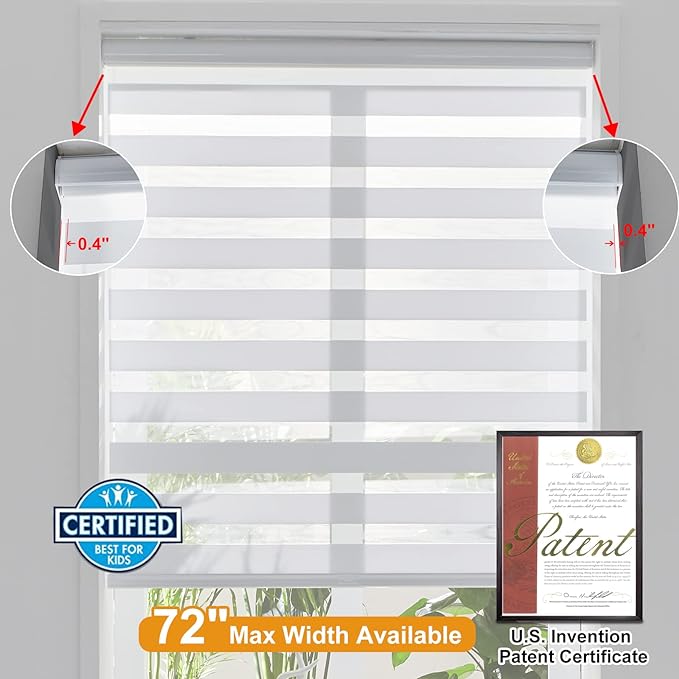 Persilux Zebra Cordless Blinds & Shades (55" W x 72" H, White) Free Stop Roller Window Shades, Light Filtering Blinds for Windows, Light Control for Day and Night