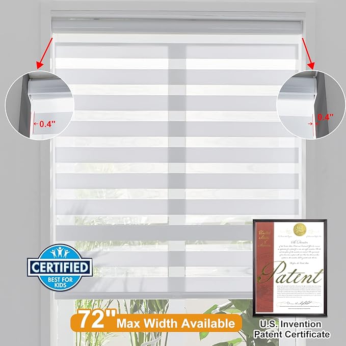 Persilux Cordless Zebra Blinds for Windows, Room Darkening Roller Shades for Windows (18" W x 64" H, White) Light Control for Day and Night Light Filtering Sheer Shades for Home and Bedroom