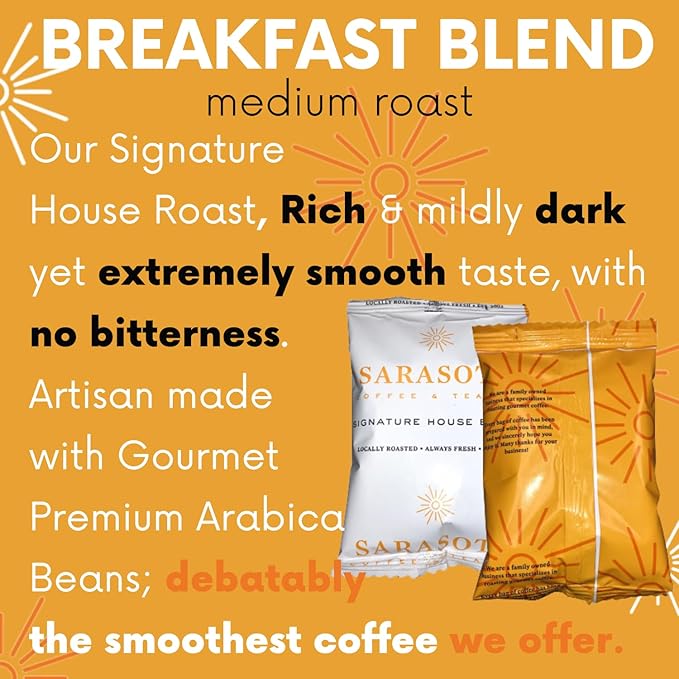 Sarasota Coffee Ground Packets | Gourmet Medium Roast Bulk Coffee Packs | Breakfast Blend | Low Acid Mold Free Singles Individual Pouches for 12 Cups | 2.5 Ounce Bags, 36 Count