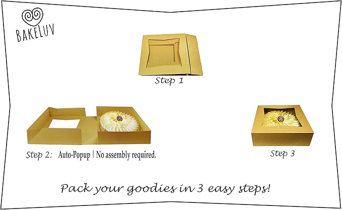 BAKELUV Pie Boxes for 9 Inch Pie | Brown, 25 Pack | 9x9x2.5 Bakery Box with Window, 9x9 Cookie Box, 9 Inch Pastry Boxes with Window Bulk, Cake Boxes, Auto Pop Up